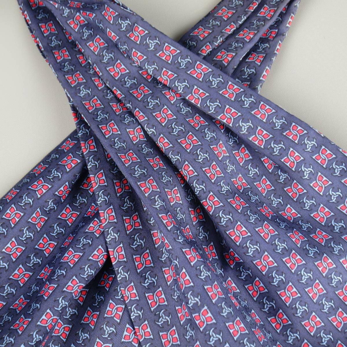 Vintage HERMES Navy Blue & Red Symbol Print Silk Ascot In Good Condition In San Francisco, CA