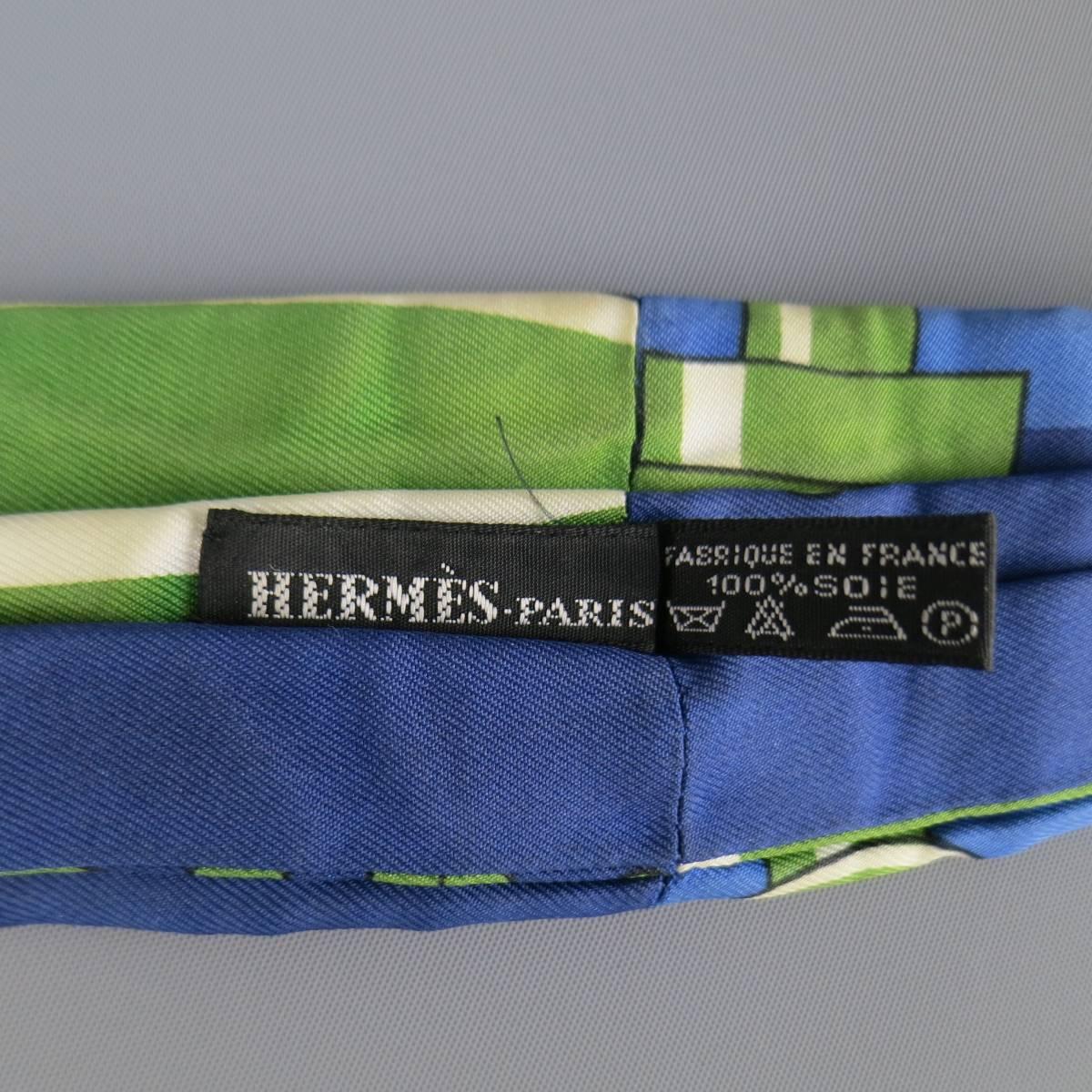 Vintage HERMES Navy & Green Chess Pieces Print Silk Ascot 2