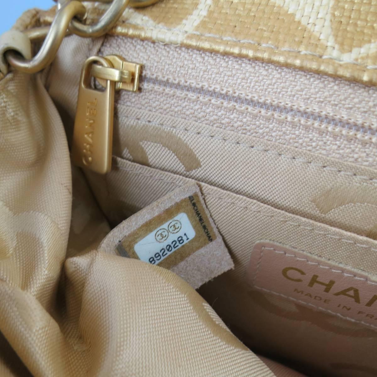 CHANEL Metallic Gold & Beige Floral Straw Chain Strap Handbag 5