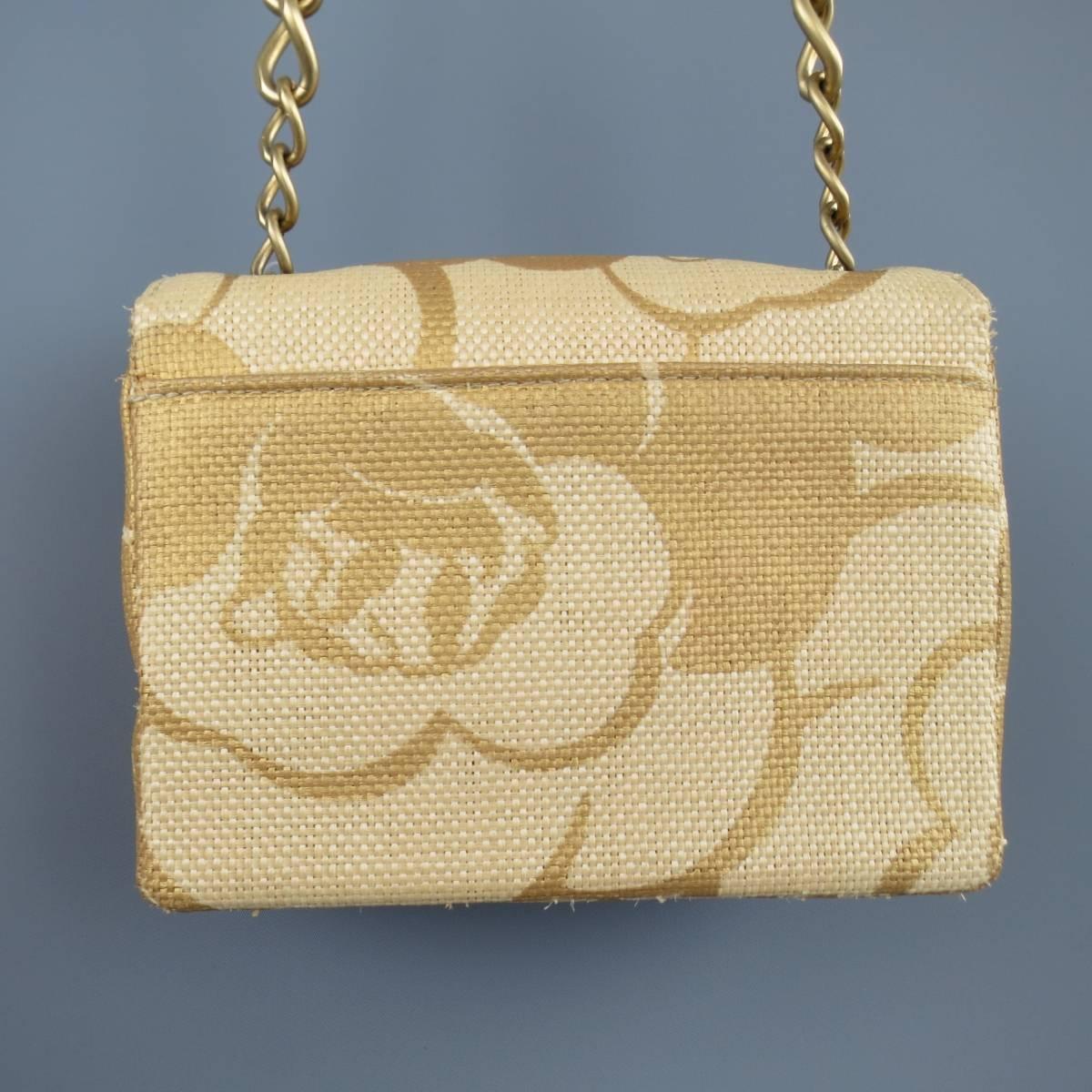 CHANEL Metallic Gold & Beige Floral Straw Chain Strap Handbag 1