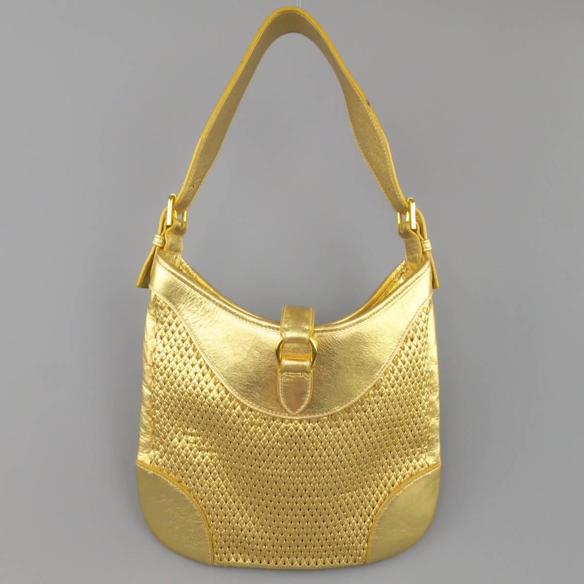 RALPH LAUREN Collection Metallic Gold Woven Leather Lock Shoulder Handbag 4