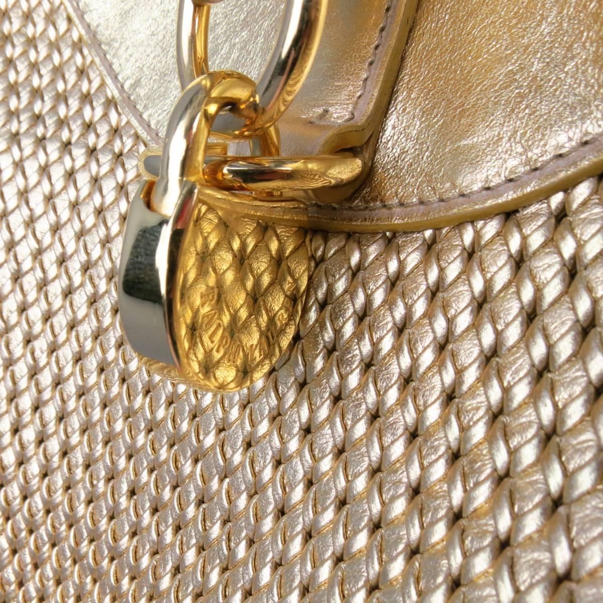 RALPH LAUREN Collection Metallic Gold Woven Leather Lock Shoulder Handbag In Excellent Condition In San Francisco, CA