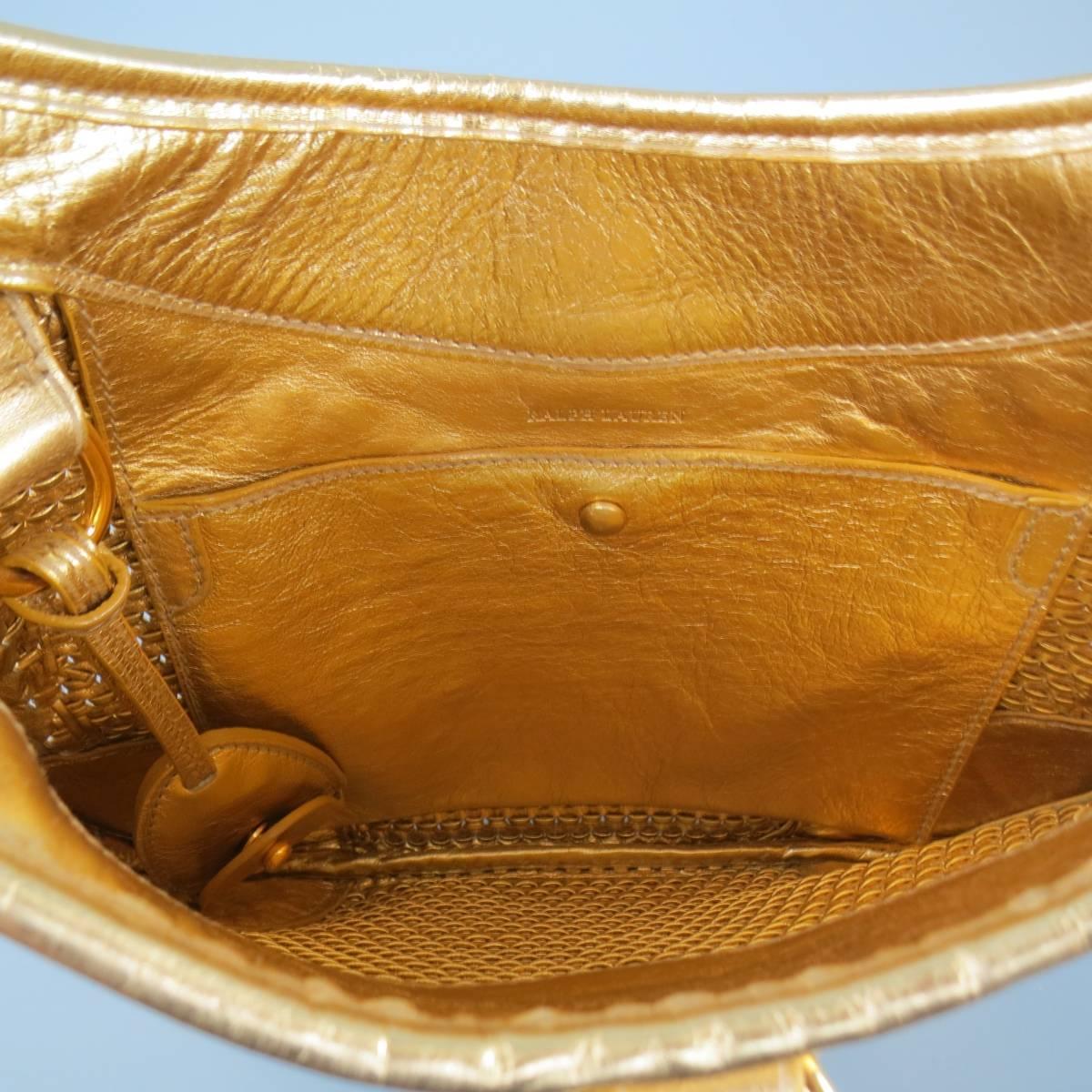 RALPH LAUREN Collection Metallic Gold Woven Leather Lock Shoulder Handbag 5