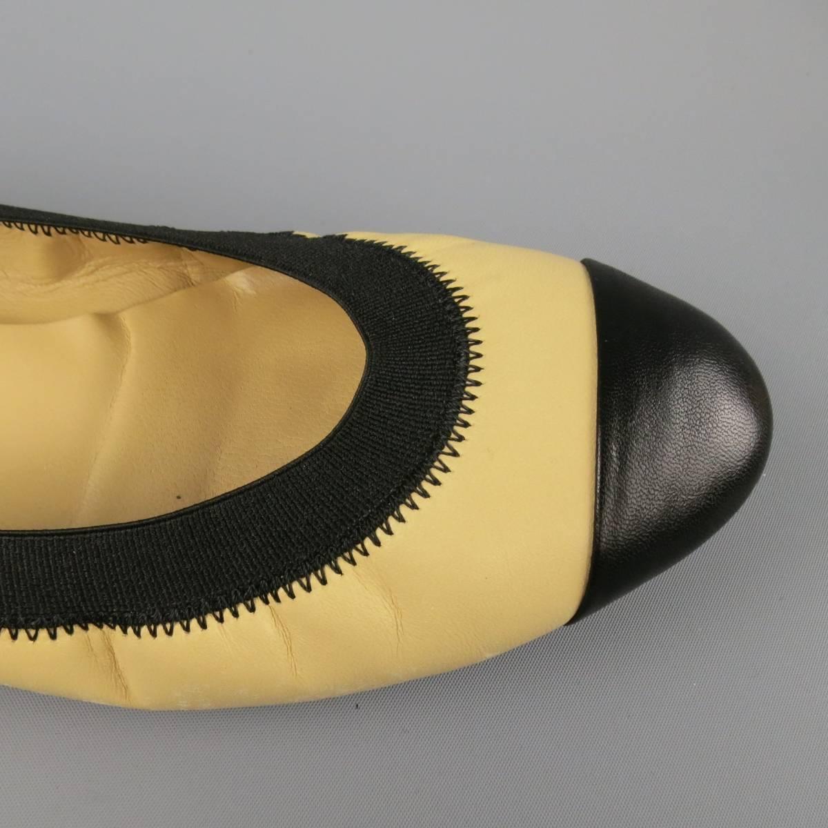 CHANEL Size 7.5 Beige & Back Leather Elasticized Ballet Flats 1