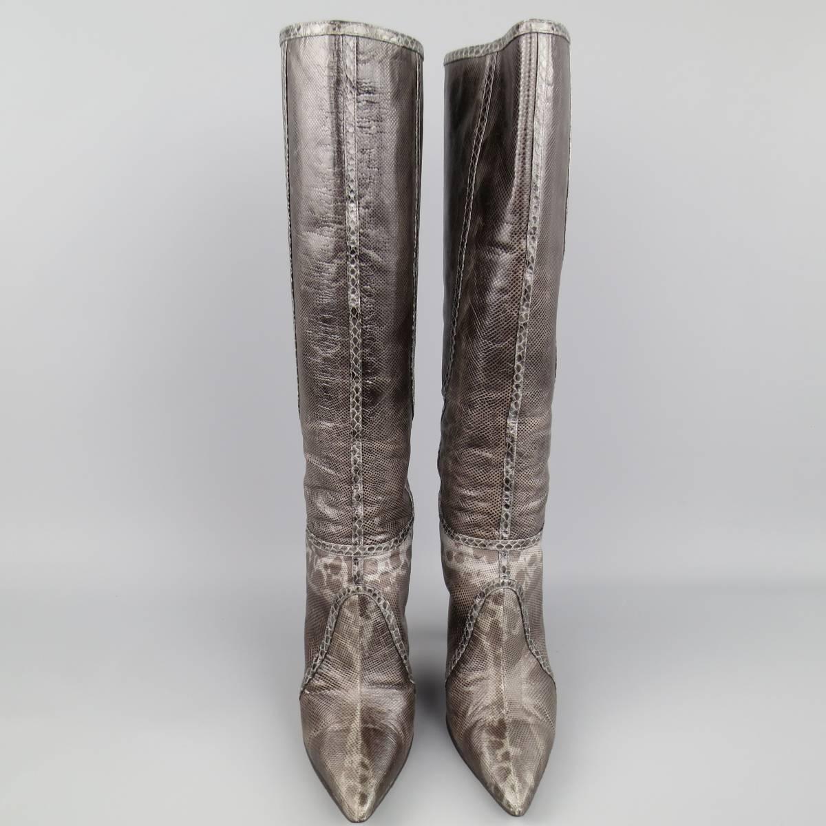 Fabulous JIMMY CHOO "Million" knee high boots come in a multi-tonal Karung  snakeskin and feature a pointed toe, contrast snake leather piping throughout, covered stiletto heel, and back zip closure. Minor wear on back of heel leather.