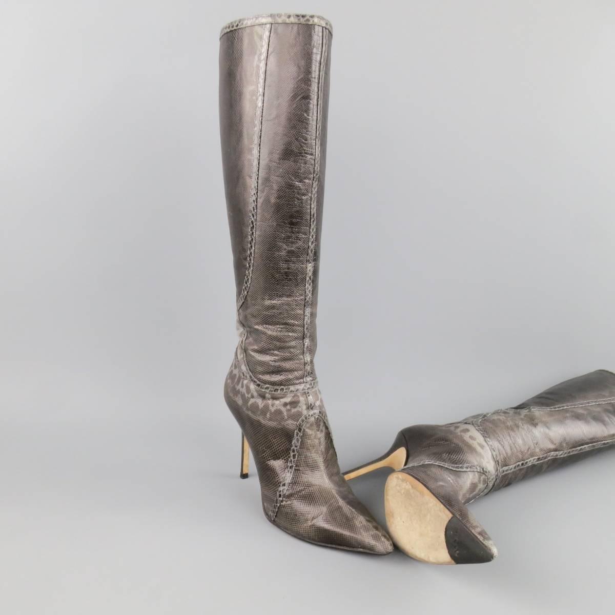 JIMMY CHOO Size 7 Grey Karung Snakeskin Million Knee High Boots In Excellent Condition In San Francisco, CA