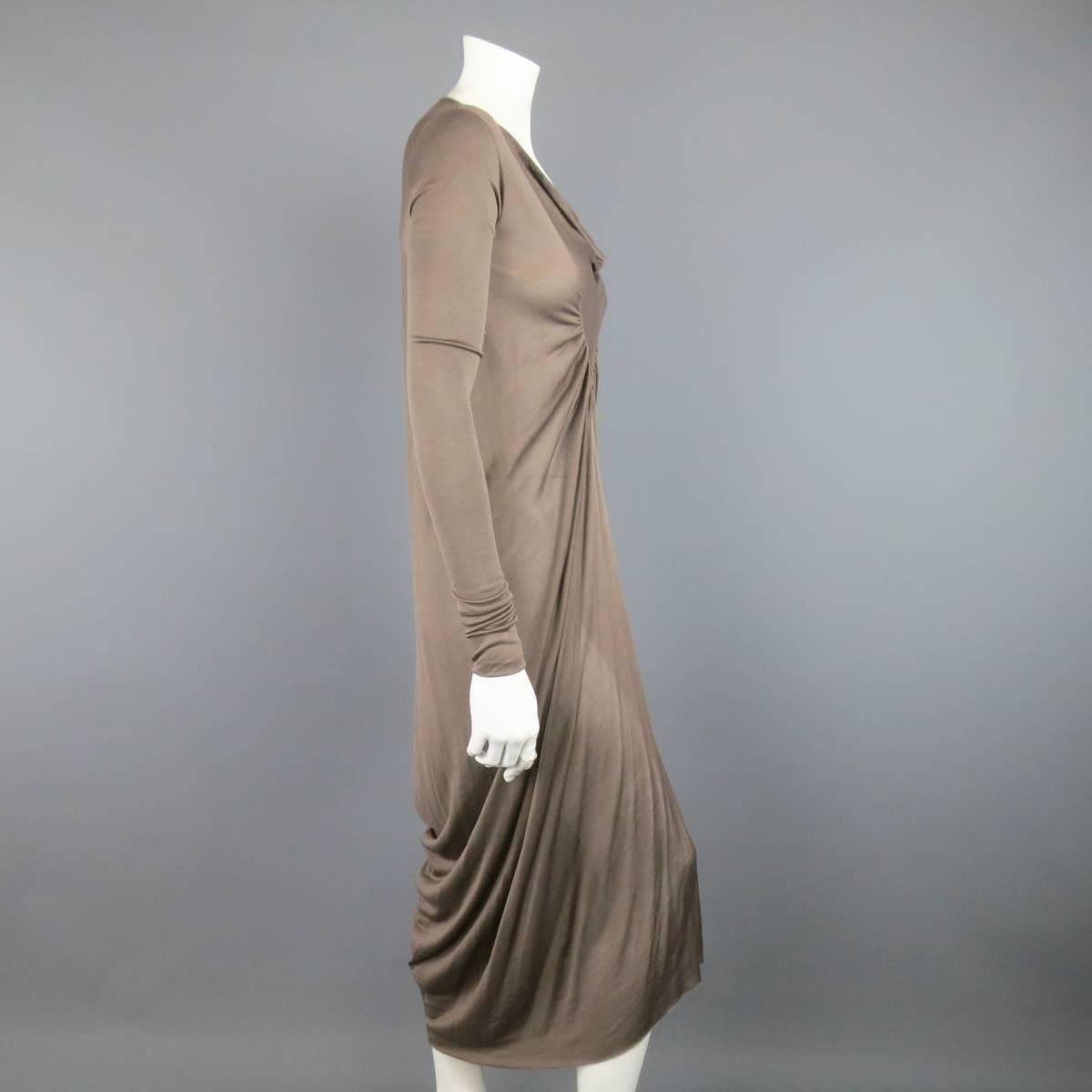 RICK OWENS Size 4 Taupe Silk Long Sleeve Draped Shift Dress In Good Condition In San Francisco, CA