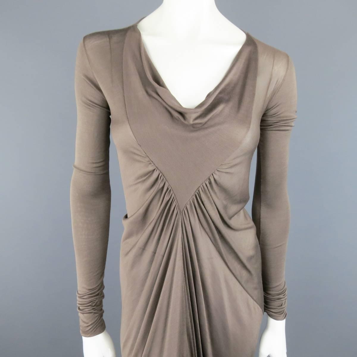 RICK OWENS taupe, silk blend dress features long sleeves, triangular scoop neck panel, and gathered body. Small run near right arm. As-Is. Made in Italy.
 
Good Pre-Owned Condition.
Marked: 4 USA
 
Measurements:
 
Bust: 34 In.
Waist: 38 In.
Hips: 38