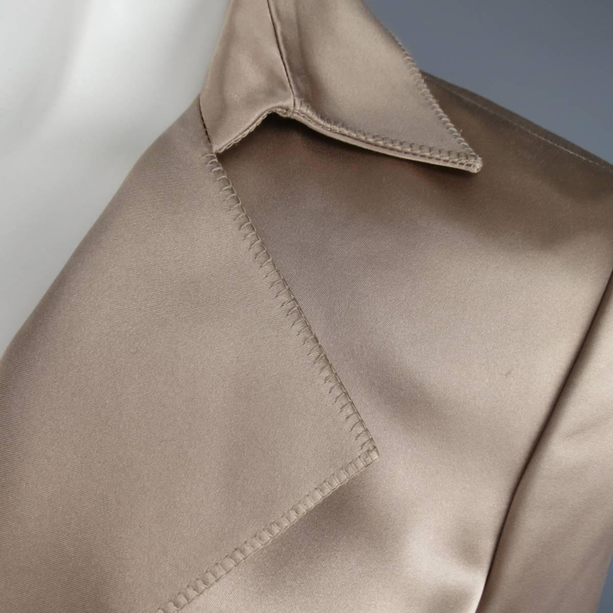 Archival YVES SANT LAURENT Rive Gauche suit in a gorgeous muted nude beige silk satin includes a three button jacket with pointed lapel, flap pockets, satin buttons, and zig zag stitch hem details throughout with a matching pencil skirt. Minor