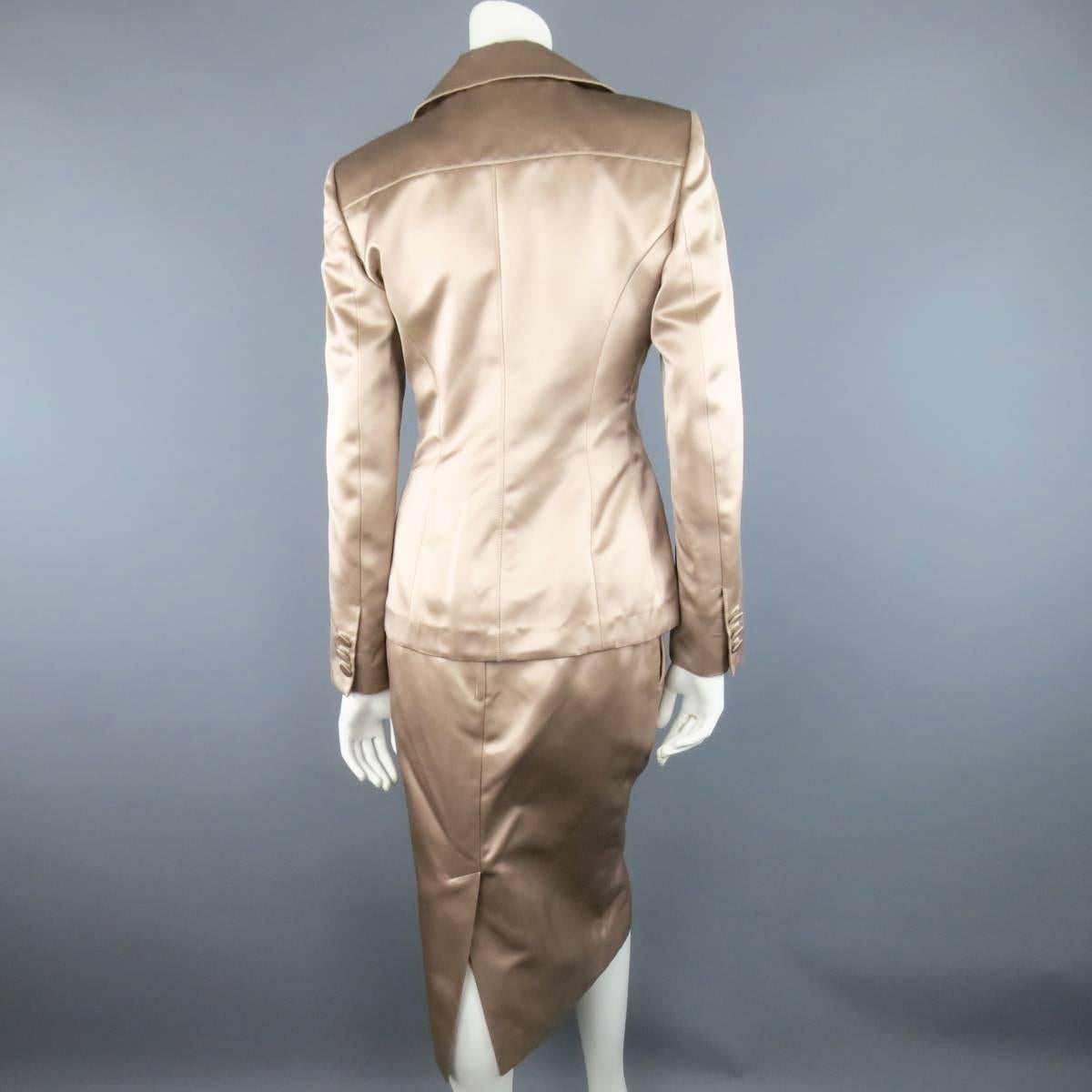 YVES SAINT LAURENT Size 10 Muted Mauve Beige Silk Satin Top Stitch Skirt Suit 5