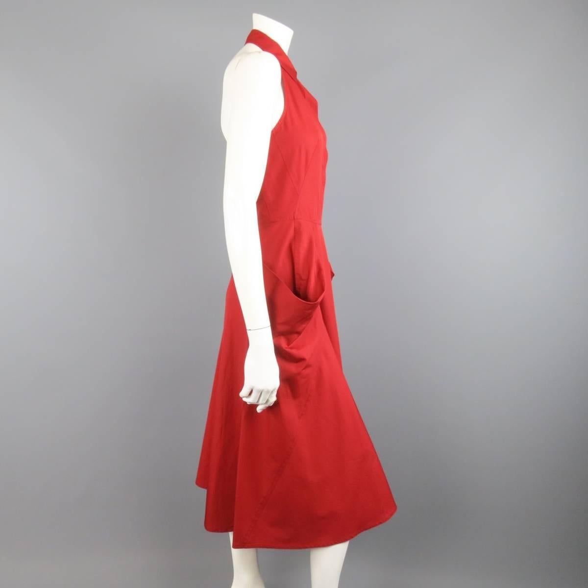Women's DONNA KARAN Size 4 Red Cotton Halter Top A Lline Shirt Dress