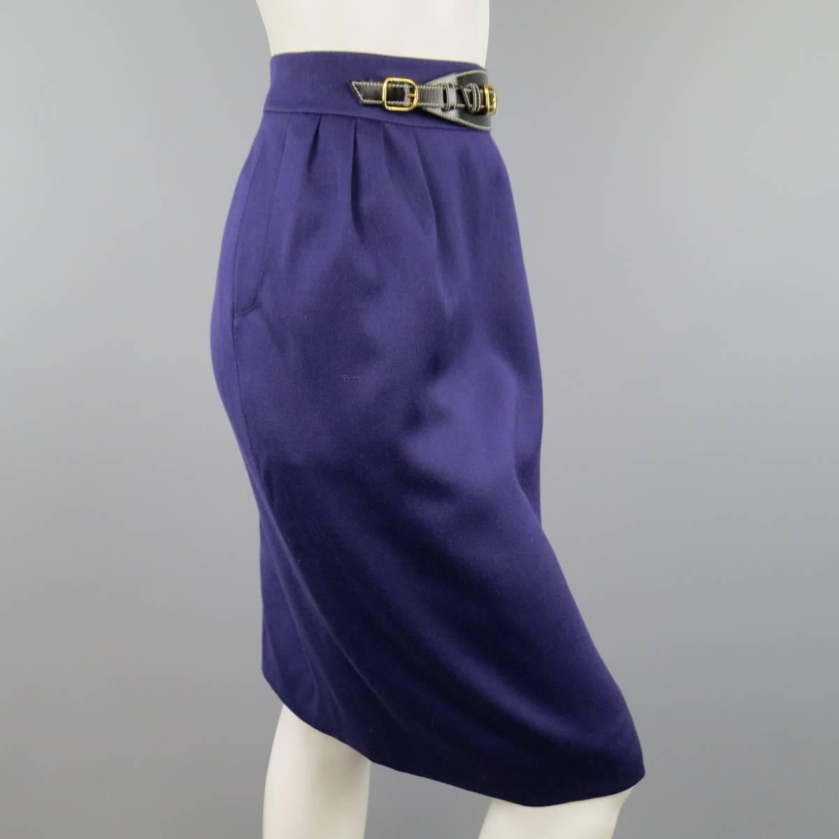 Hermes Vintage Size 4 Purple Wool Leather Belt Front Pencil Skirt In Excellent Condition In San Francisco, CA