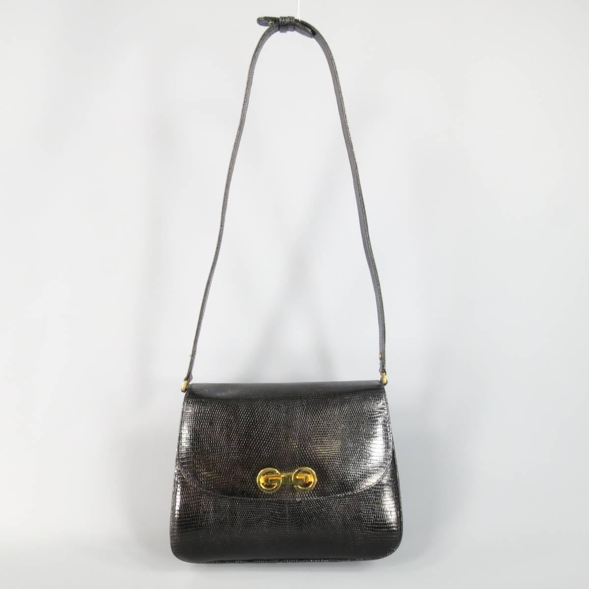 Vintage GUCCI Black Lizard Skin Leather Gold G Handbag In Excellent Condition In San Francisco, CA