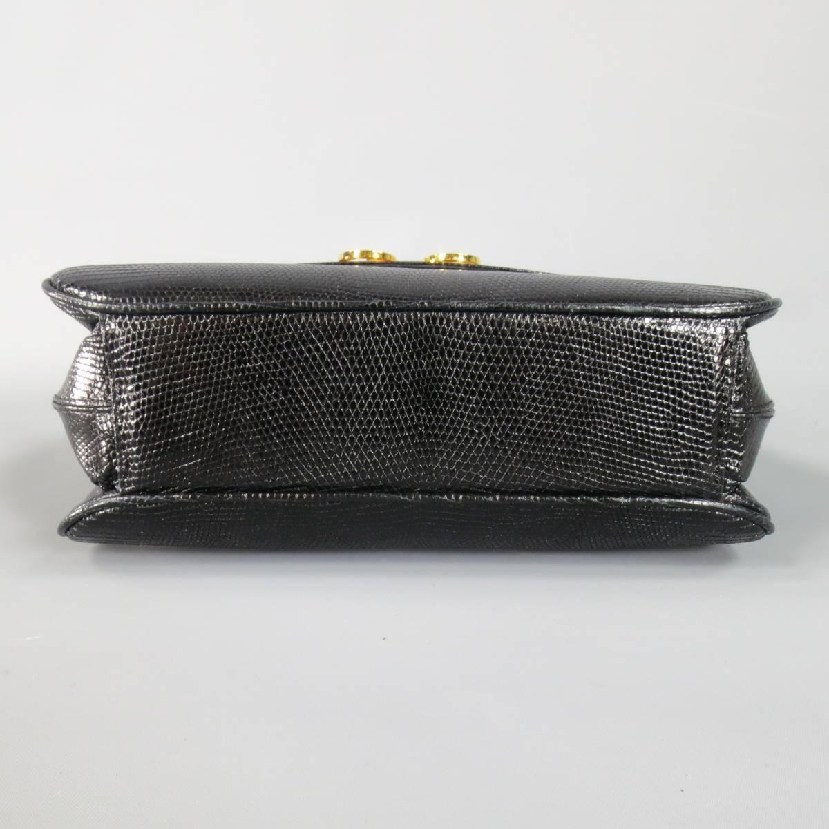 Vintage GUCCI Black Lizard Skin Leather Gold G Handbag 1