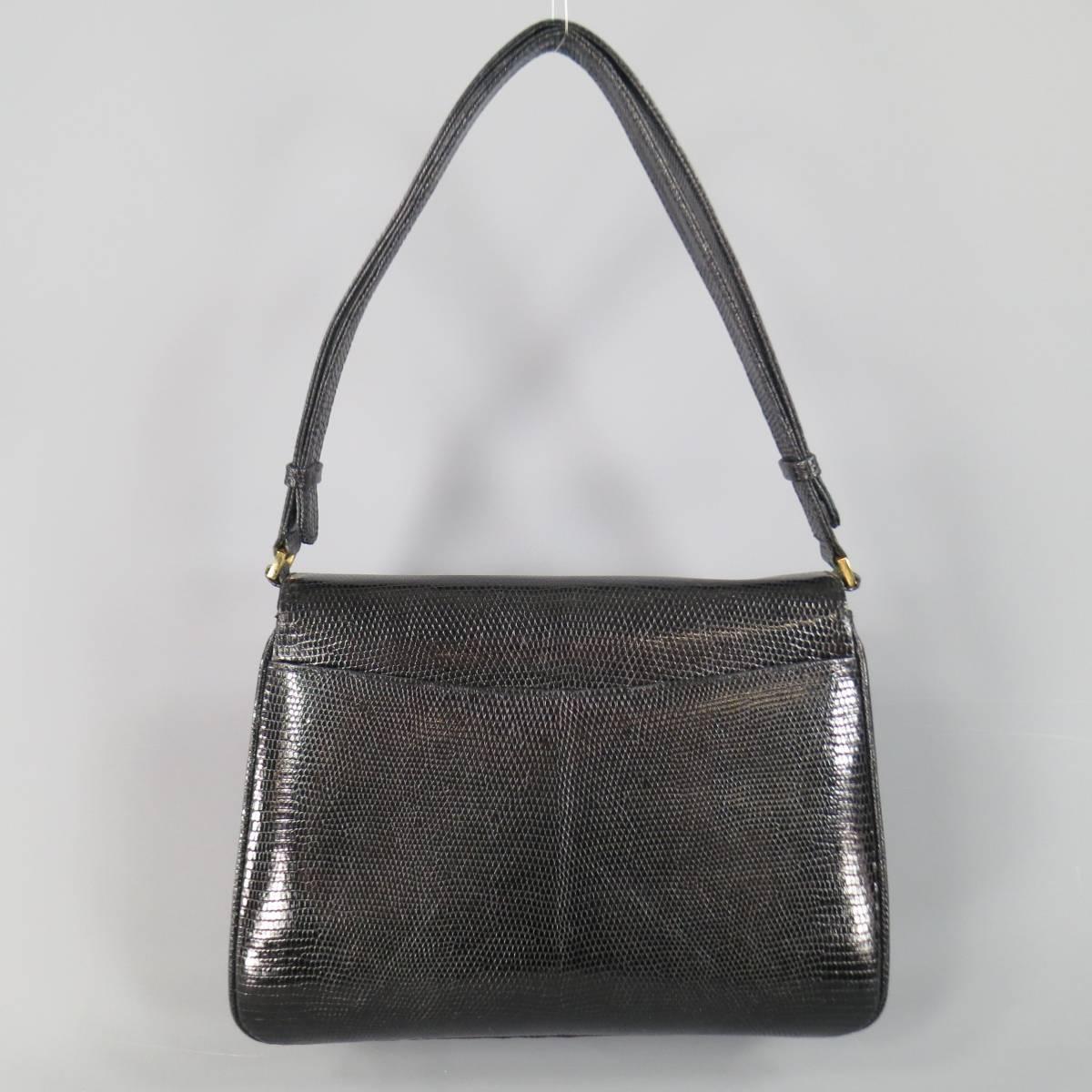 Vintage GUCCI Black Lizard Skin Leather Gold G Handbag 3