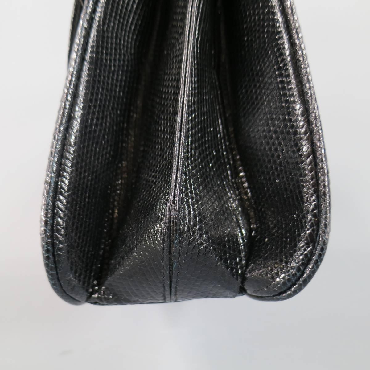 Vintage GUCCI Black Lizard Skin Leather Gold G Handbag 2