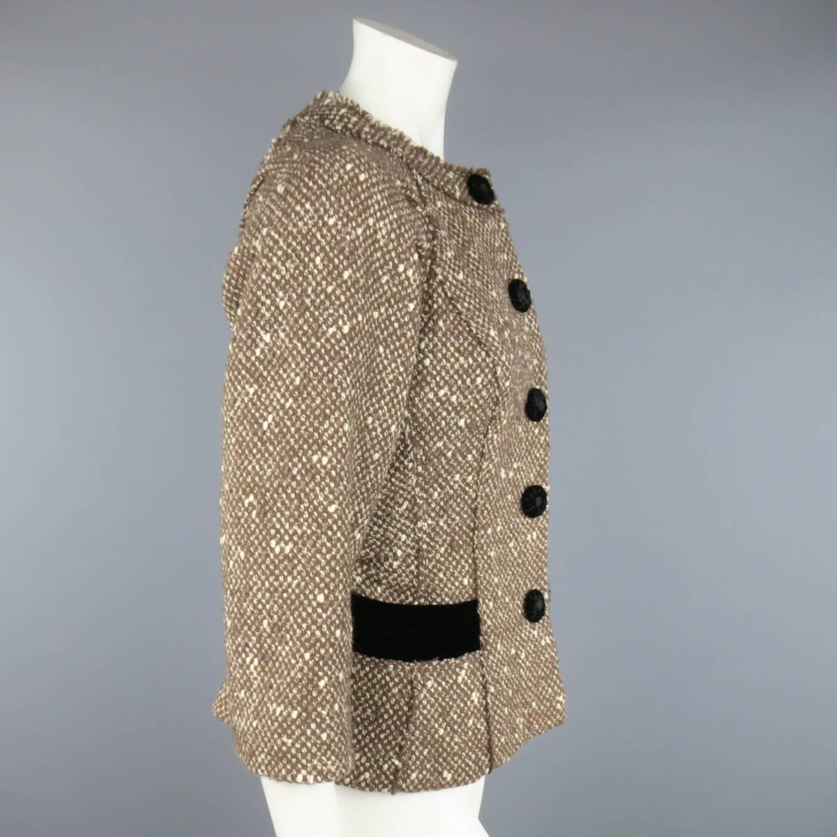 Women's Marc Jacobs Light Brown and Cream Wool Tweed and Black Velvet Coat Jacket 