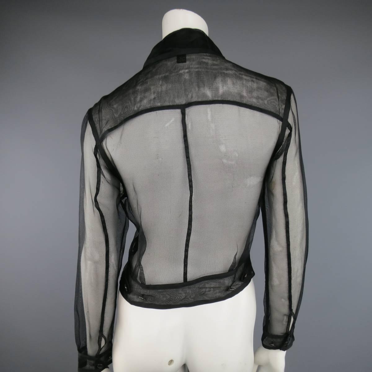 RALPH LAUREN Black Label Size 2 Black Sheer Silk Tulle Cropped Cargo Jacket In Fair Condition In San Francisco, CA