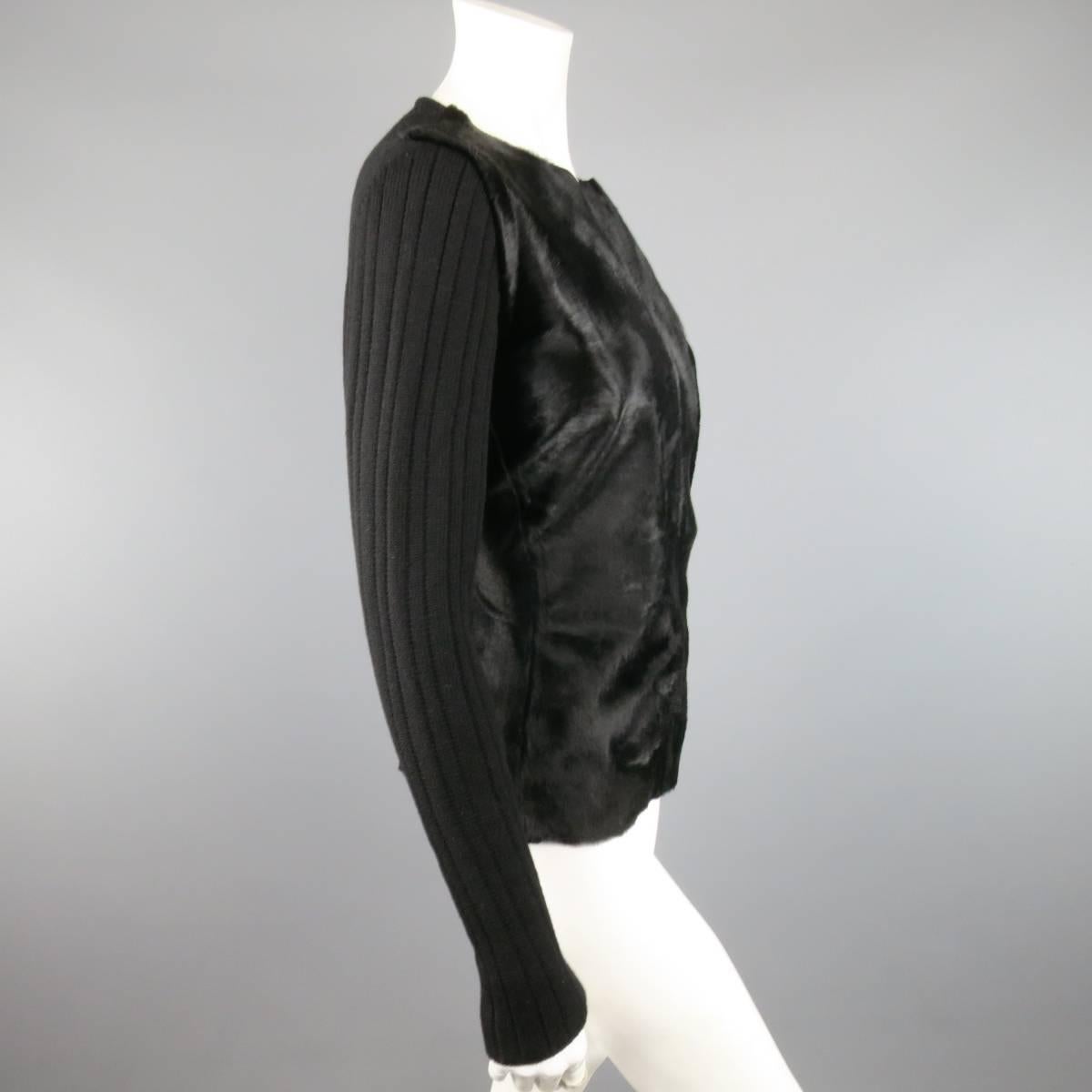 DONNA KARAN Size M Black Ribbed Wool Calf Hair Leather Front Jacket 1