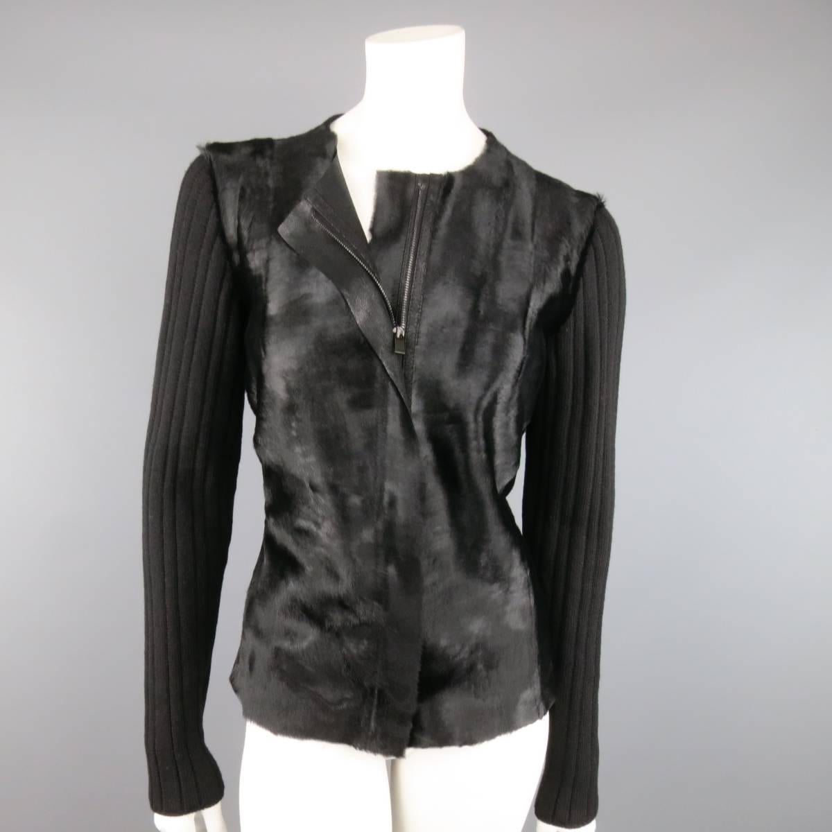 DONNA KARAN Size M Black Ribbed Wool Calf Hair Leather Front Jacket In Excellent Condition In San Francisco, CA