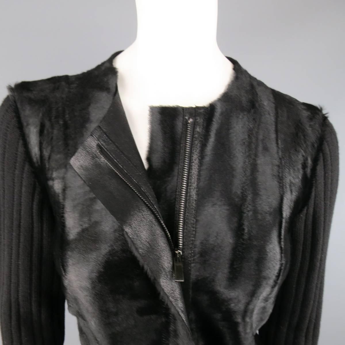 Women's DONNA KARAN Size M Black Ribbed Wool Calf Hair Leather Front Jacket