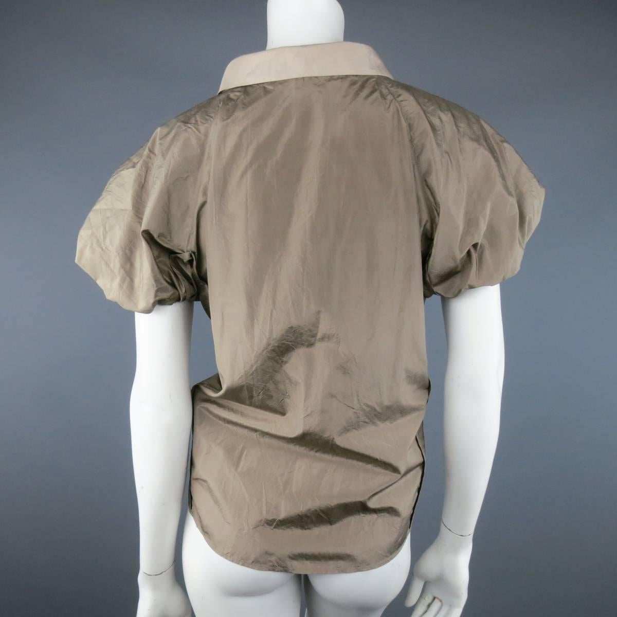 Marc Jacobs Taupe and Beige Silk Ballon Sleeve Bow Blouse Top Shirt   In Excellent Condition In San Francisco, CA