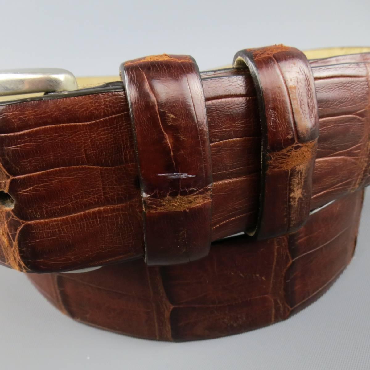 Vintage WILKES BASHFORD Size 32 Brown Crocodile Leather Dress Belt In Good Condition In San Francisco, CA