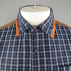 Men's JUNYA WATANABE Size L Navy Plaid Orange Satin & Brown Corduroy Panel Shirt