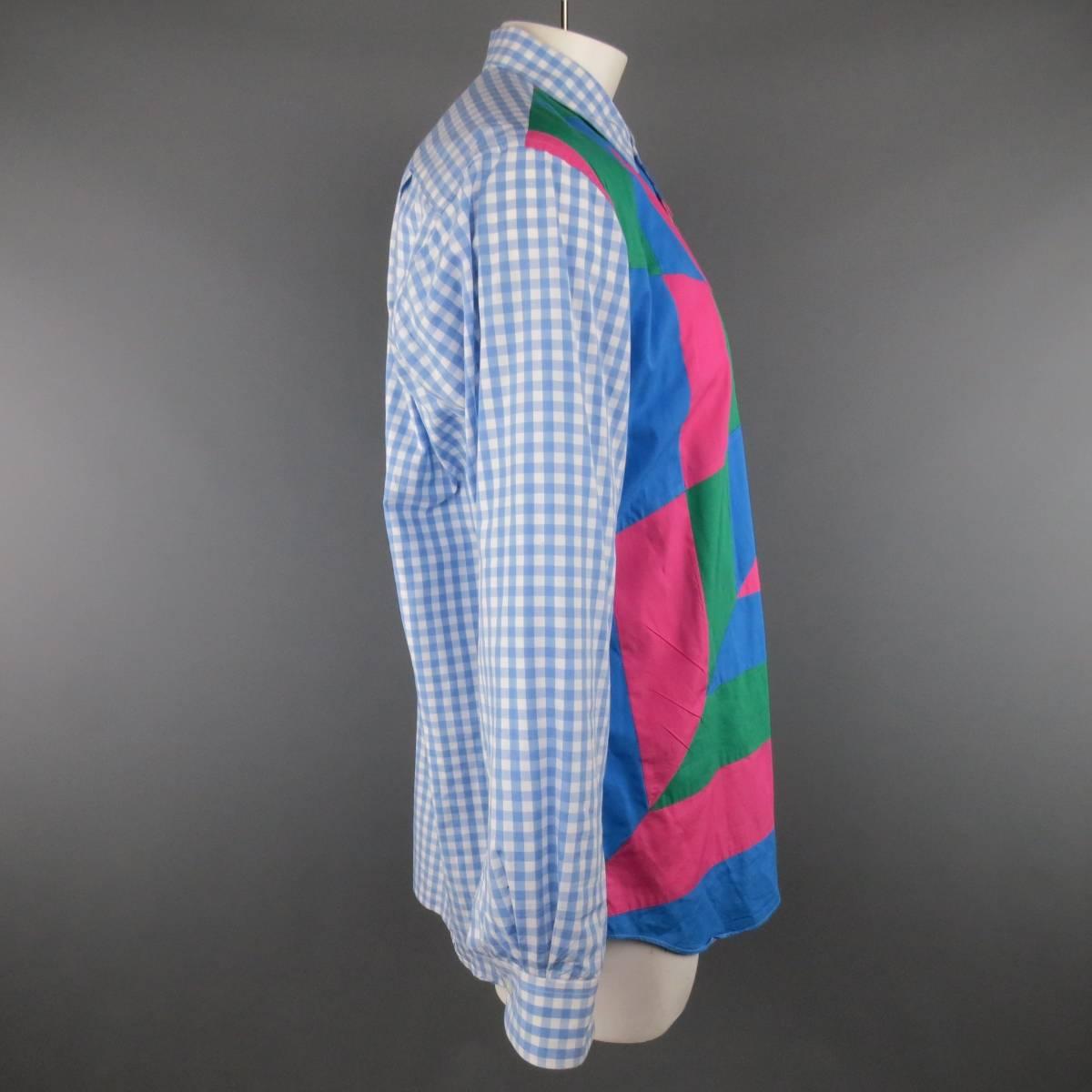 Men's COMME des GARCONS XL Light Blue Gingham Pink & Green Geometric Patchwork Shirt