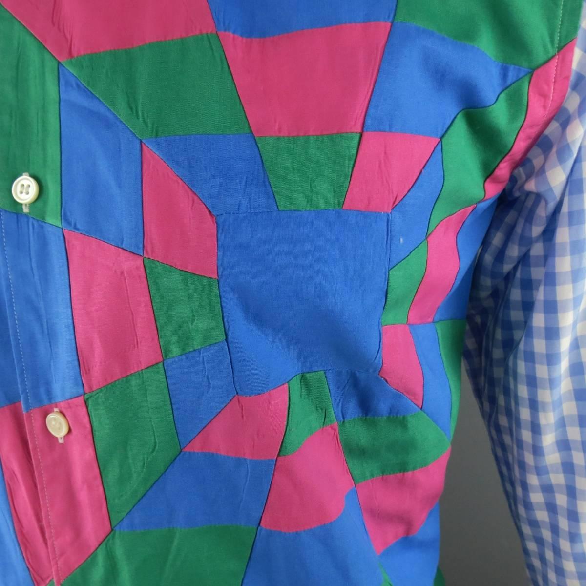 Purple COMME des GARCONS XL Light Blue Gingham Pink & Green Geometric Patchwork Shirt