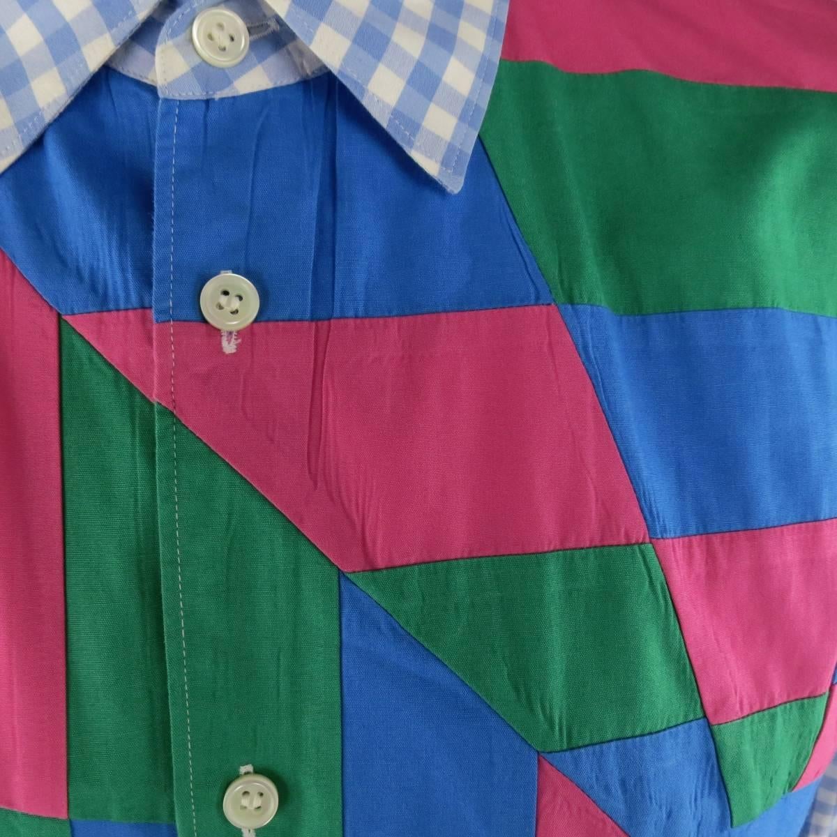 COMME des GARCONS XL Light Blue Gingham Pink & Green Geometric Patchwork Shirt In Good Condition In San Francisco, CA