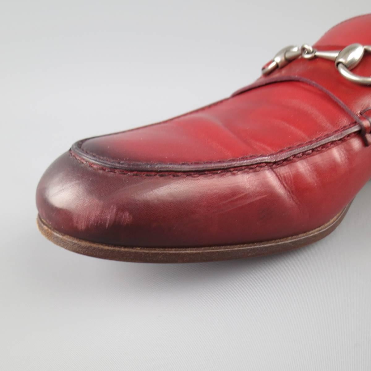 Men's GUCCI Size 10 Brick Red Ombre Leather Silver Horsebit Loafers 1