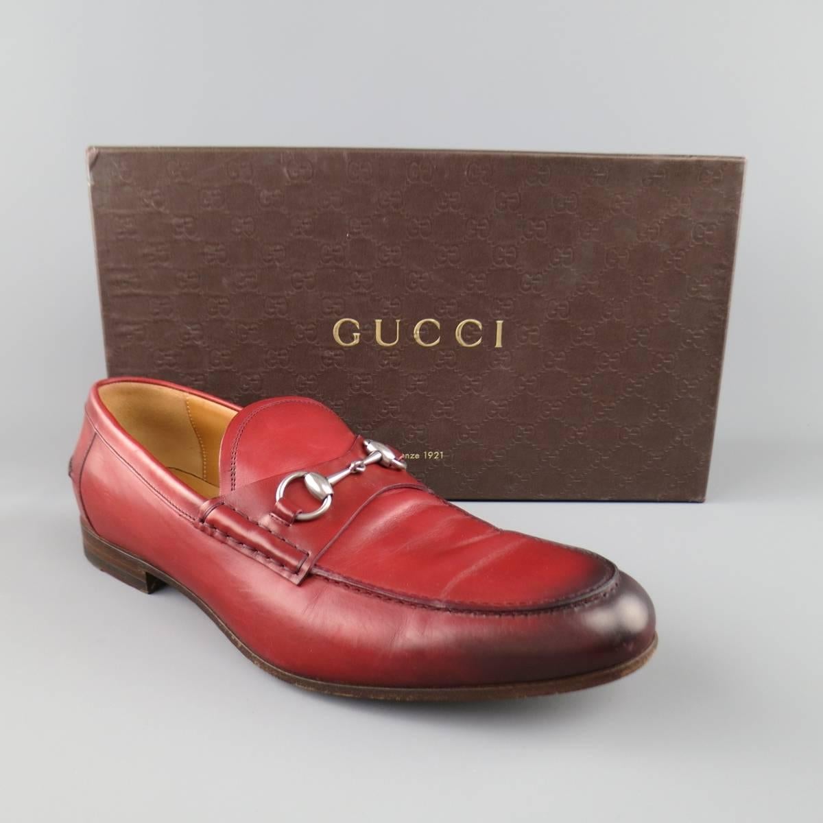Men's GUCCI Size 10 Brick Red Ombre Leather Silver Horsebit Loafers 4