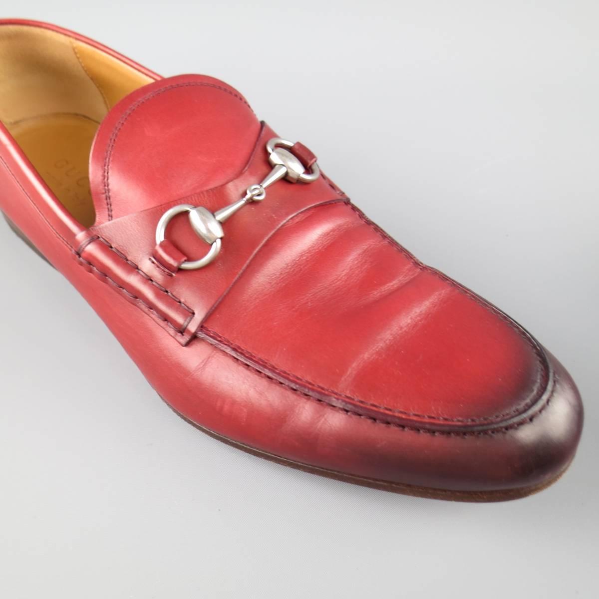 Men's GUCCI Size 10 Brick Red Ombre Leather Silver Horsebit Loafers In Good Condition In San Francisco, CA