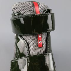 Men's PRADA Size 10.5 Olive & Grey Patent Leather & Mesh Velcro Sneaker Boots