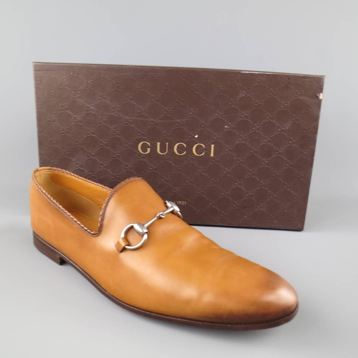 GUCCI Size 11 Tan Obre Tip Leather Silver Horsebit Loafers 1