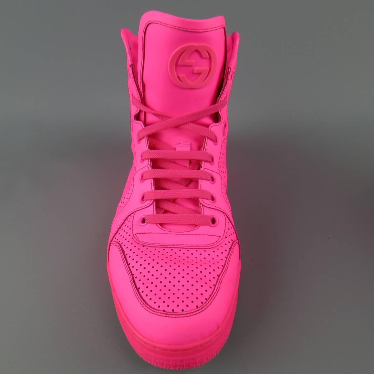 Men's GUCCI Size 11 Neon Pink Perforated Leather High Top CODA Sneakers In Excellent Condition In San Francisco, CA