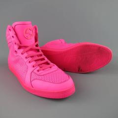 Men's GUCCI Size 11 Neon Pink Perforated Leather High Top CODA Sneakers