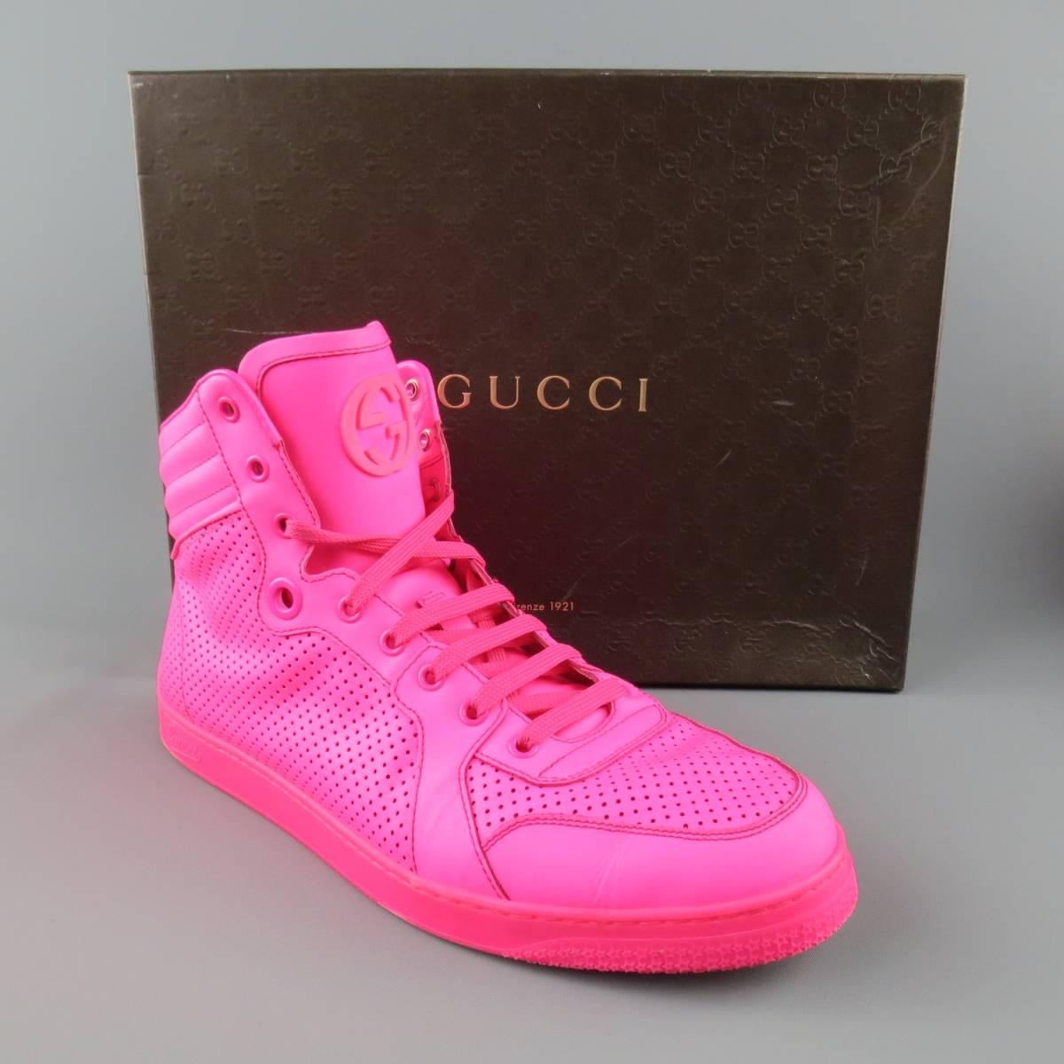 Men's GUCCI Size 11 Neon Pink Perforated Leather High Top CODA Sneakers 1