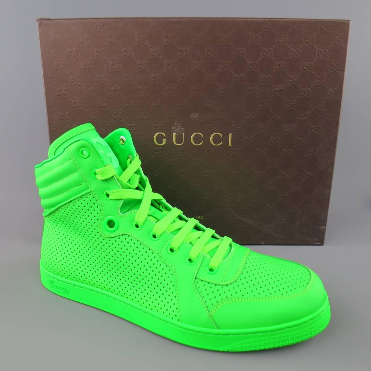 Men's GUCCI Size 11 Neon Green Perforated Leather CODA High Top Sneakers 2