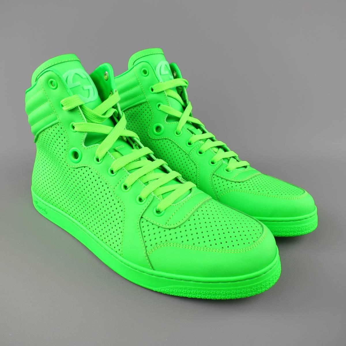 Brand New GUCCI High Top Sneakers consists of leather material in a neon green color tone. Designed in a perforated pattern, tone-on-tone stitching with rubber sole. Comes with original box and dust bag. Made in Italy.
 
New Pre-Owned Condition.