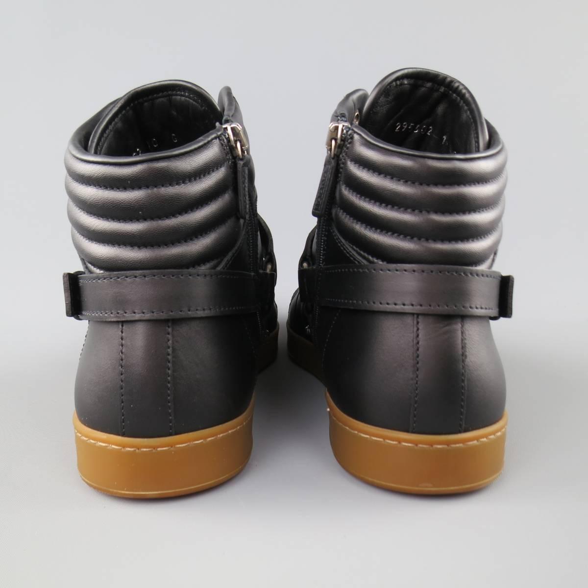 Men's GUCCI Size 11 Black Leather Silver Horsebit Harness High top Sneakers In Excellent Condition In San Francisco, CA
