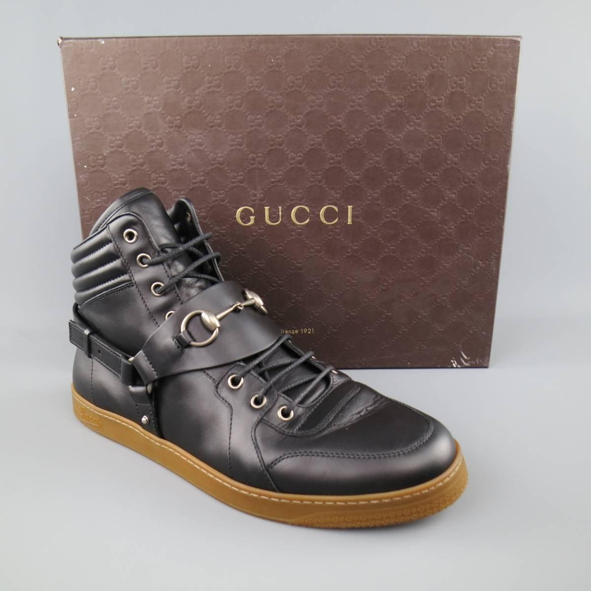 Men's GUCCI Size 11 Black Leather Silver Horsebit Harness High top Sneakers 3
