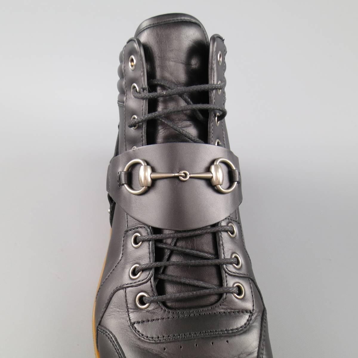 Gray Men's GUCCI Size 11 Black Leather Silver Horsebit Harness High top Sneakers