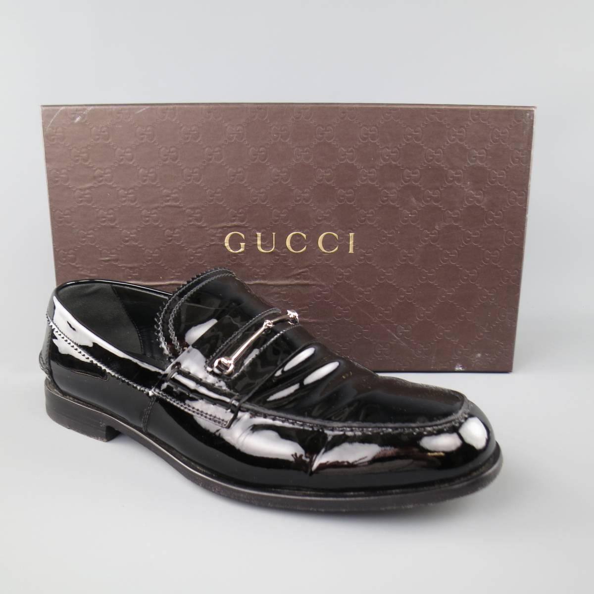 Men's GUCCI Loafers - Size 10.5 Black Patent Leather Horsebit Dress Shoes 1