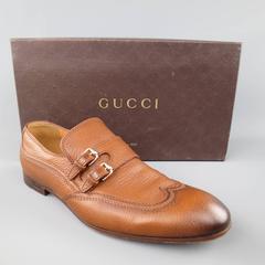 Men's GUCCI Size 10.5 Tan Distressed Pebbled Leather Double Monk Strap Loafers