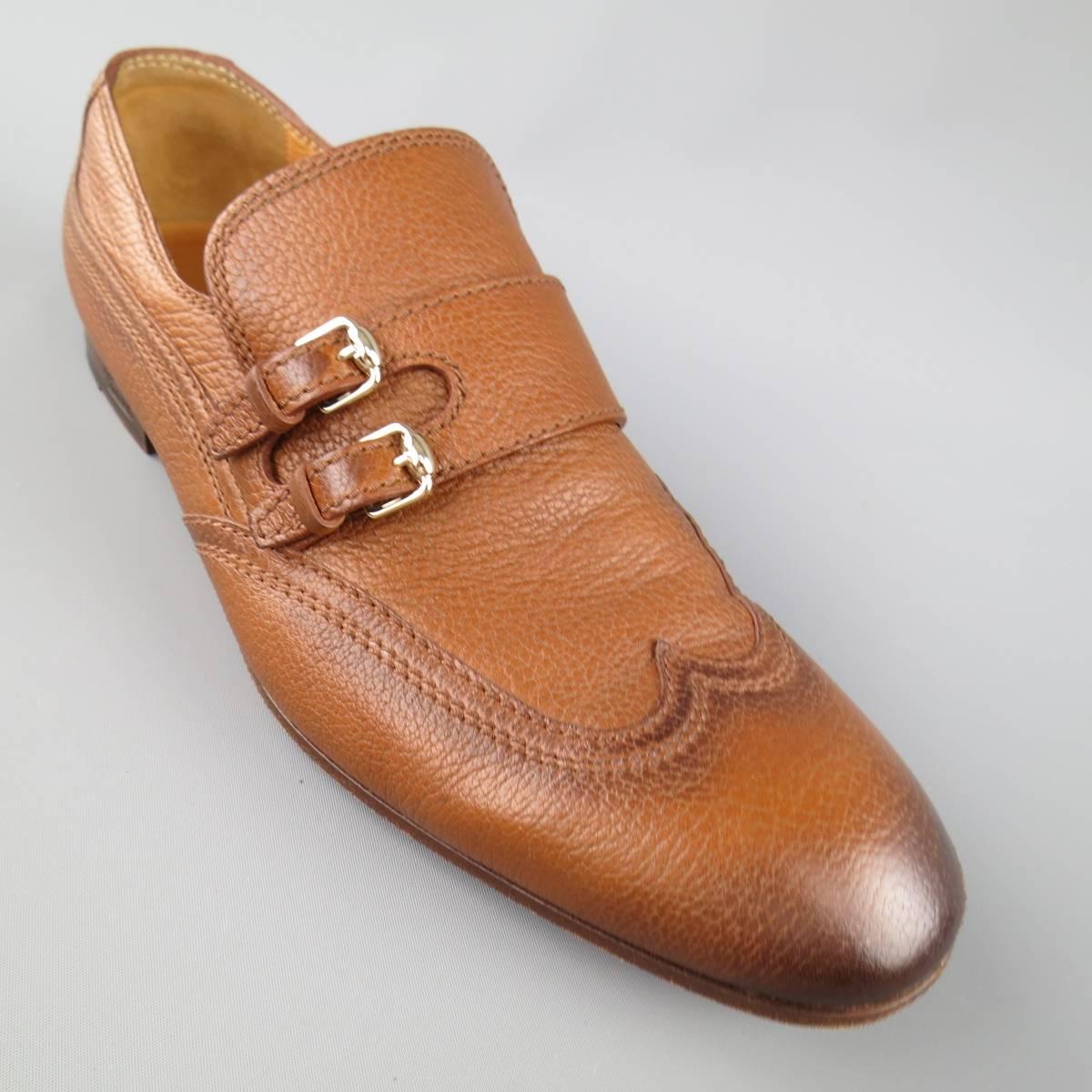 Hommes Gucci Taille 10.5 Tan Distressed Pebbled Leather Double Monk Strap Loafers Pour hommes 