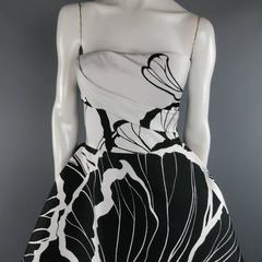DENISS BASSO SS2014 4 Black & White Floral Print Strapless Bustier Evening Gown