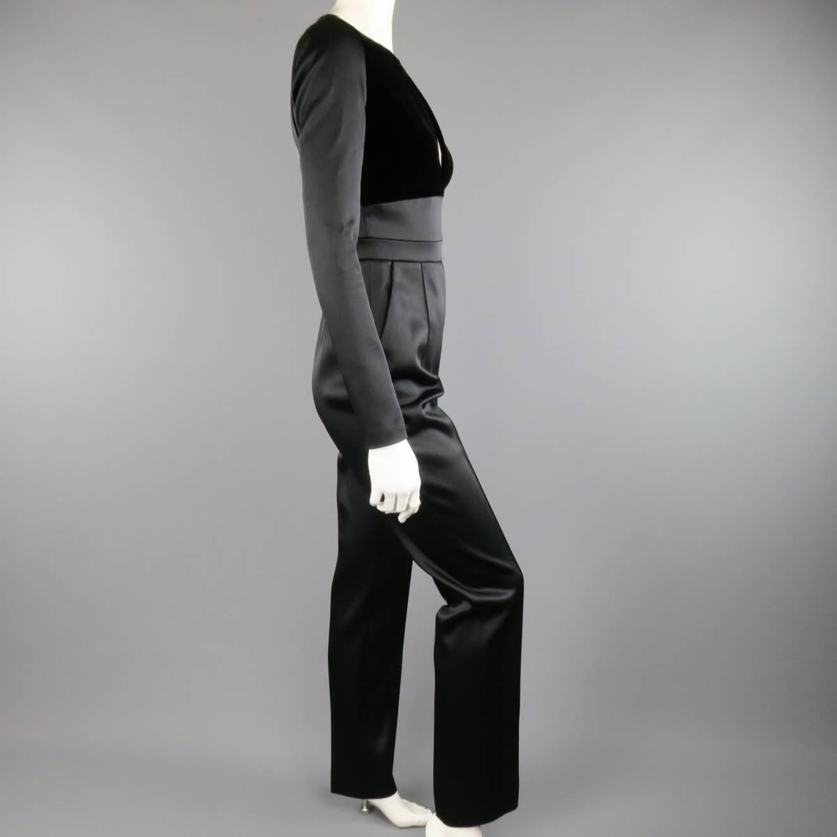 Women's ELIE SAAB Size 4 Black Satin & Velvet Long Sleeve Cutout Jumpsuit