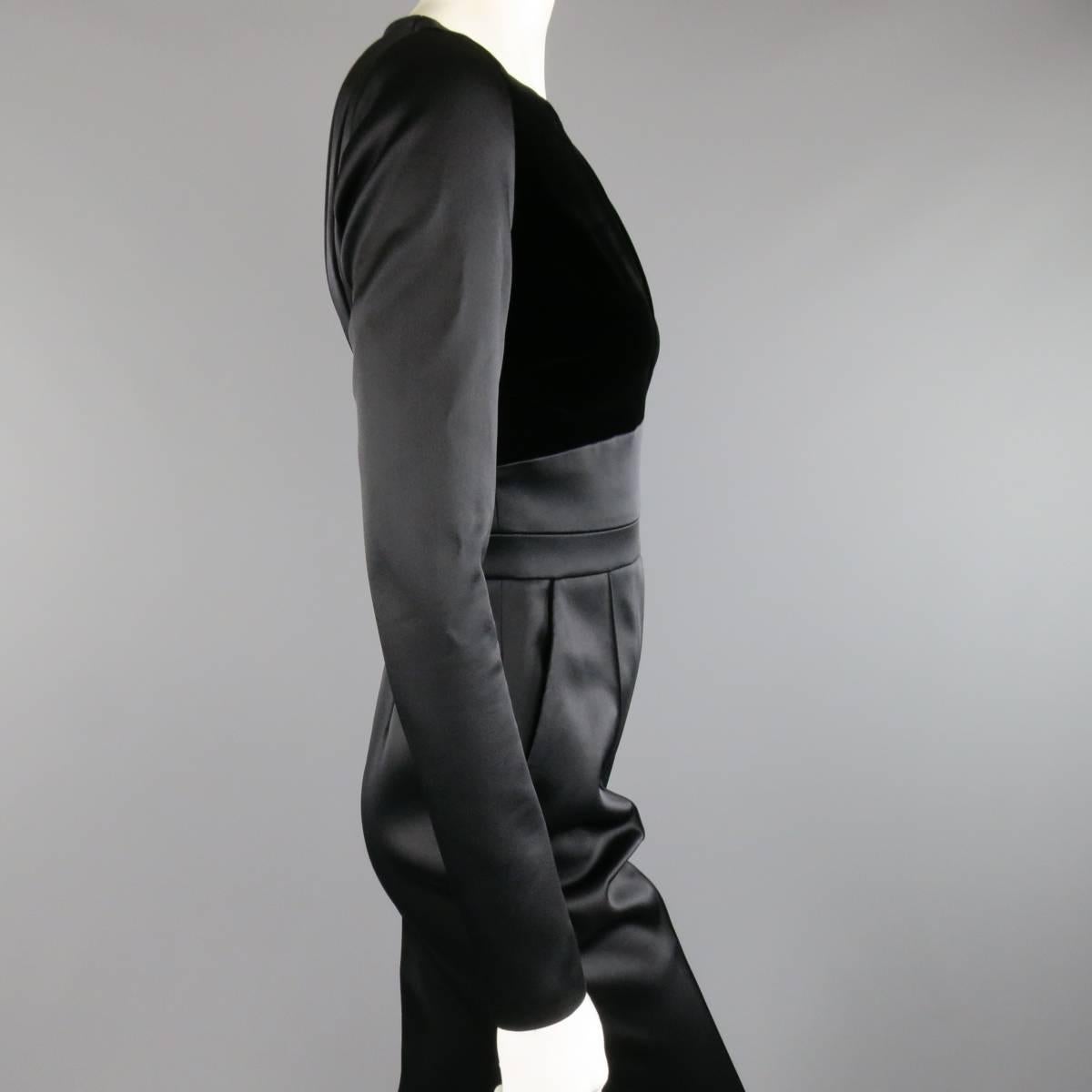 ELIE SAAB Size 4 Black Satin & Velvet Long Sleeve Cutout Jumpsuit 1